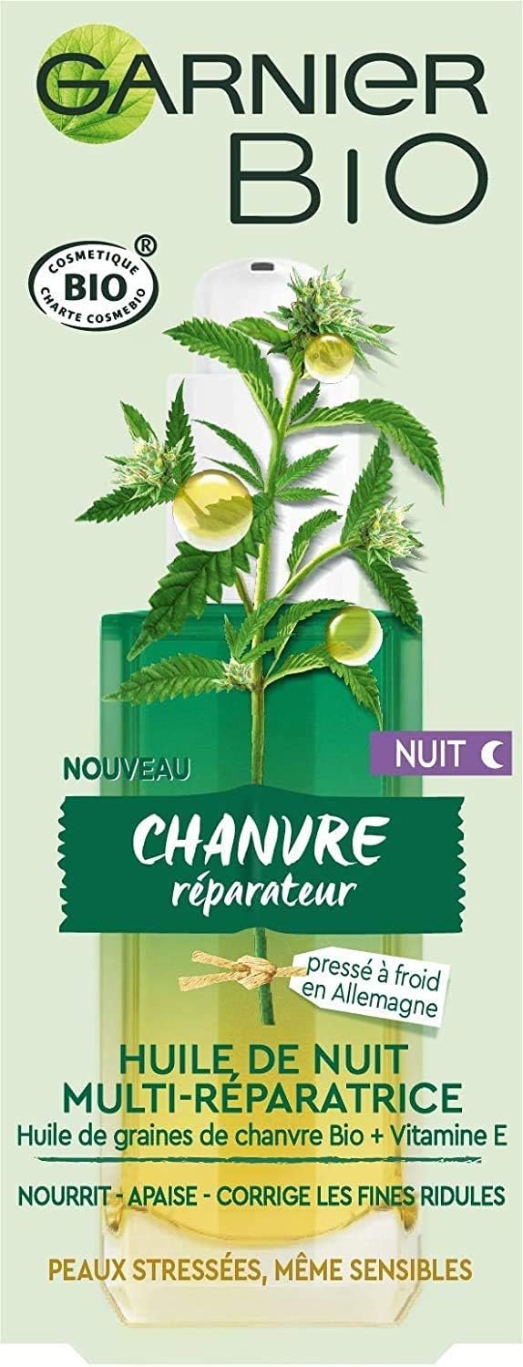 Garnier Bio - Huile de Nuit Multi-Réparatrice Visage - Au Chanvre Nourrissant & Vitamine E - Peaux Stressées & Sensibles - 30 ml