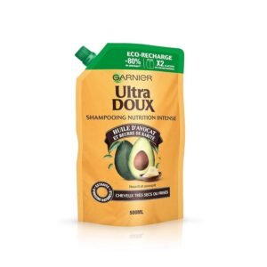 Garnier Ultra Doux Shampooing Nutrition Intense Huile d'Avocat & Beurre de Karité, Pour Cheveux très Secs ou Frisés, Eco-Recharge, 500 ml
