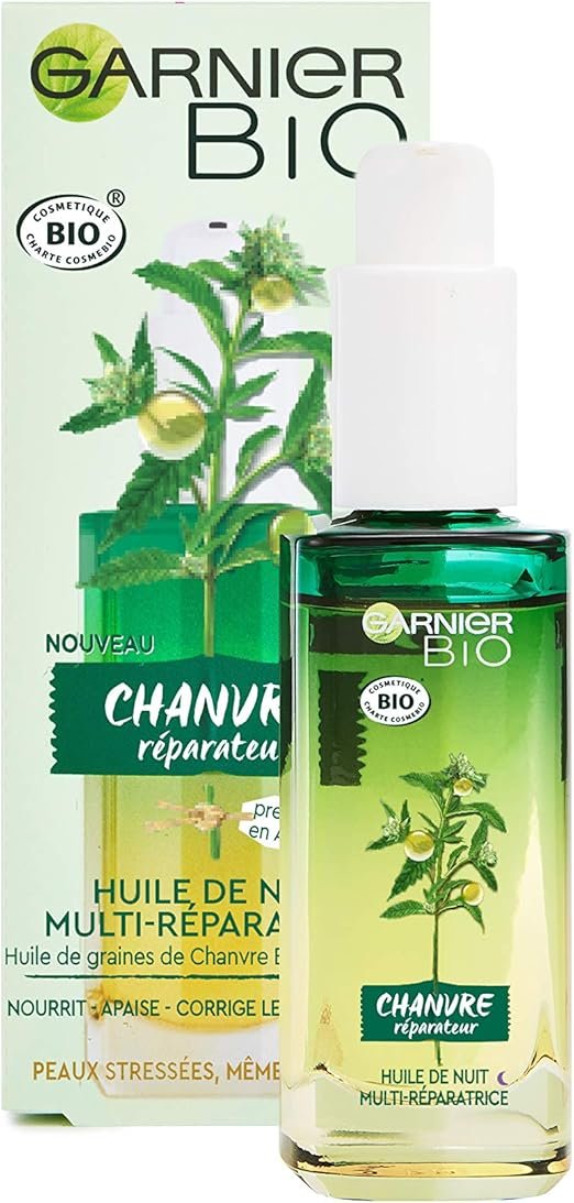 Garnier Bio - Huile de Nuit Multi-Réparatrice Visage - Au Chanvre Nourrissant & Vitamine E - Peaux Stressées & Sensibles - 30 ml